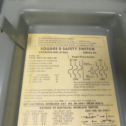 Square D H362 60A 3-Pole Single Throw Fusible Safety Disconnect Switch 600V