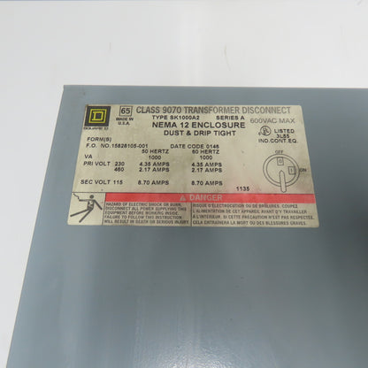 Square D SK1000A2 30A 3-Pole Fusible Safety Disconnect Switch 1kVA 460V 115V 1Ph