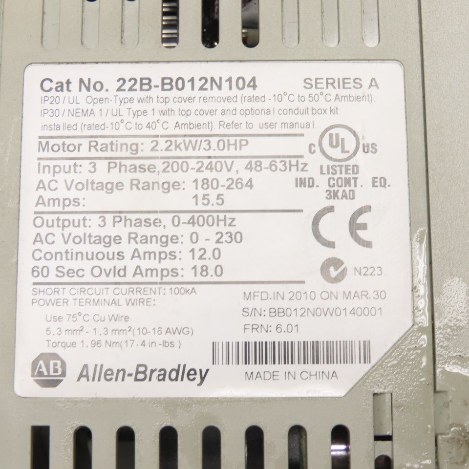Allen-Bradley 22B-B012N104 PowerFlex 40 AC Drive 240V 3Ph 3HP 2.2kW 12A