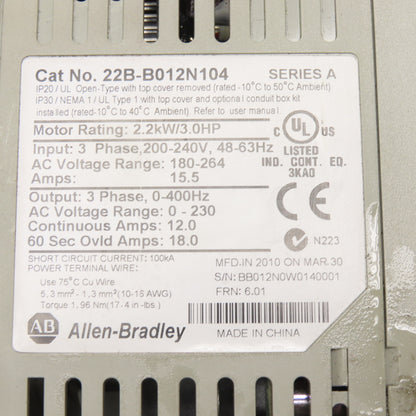 Allen-Bradley 22B-B012N104 PowerFlex 40 AC Drive 240V 3Ph 3HP 2.2kW 12A