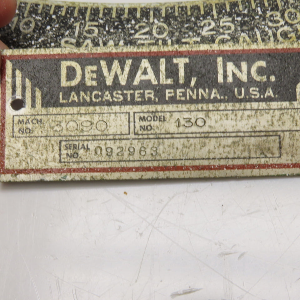 DeWalt 130 Vintage Nameplate Set & Saw Tilt Gauge Lancaster PA 3pc