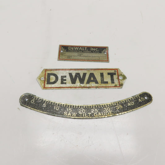 DeWalt 130 Vintage Nameplate Set & Saw Tilt Gauge Lancaster PA 3pc