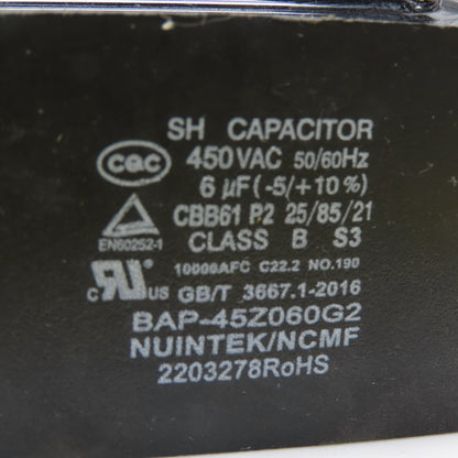 Nuintek BAP-45Z060G2 6uF 450VAC CBB61 Motor Run Capacitor 50/60Hz