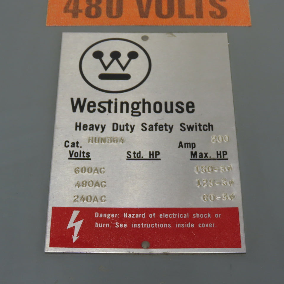Westinghouse HUN364 200A Non Fusible Heavy Duty Safety Disconnect Switch 600VAC