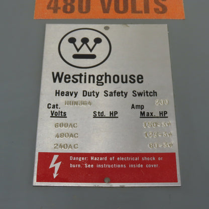 Westinghouse HUN364 200A Non Fusible Heavy Duty Safety Disconnect Switch 600VAC