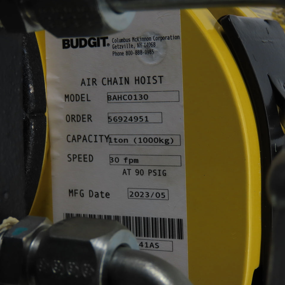 Budgit BAHC0130 1 Ton 2000LB Pneumatic Air Chain Hoist 30FPM 90 PSIG 20'Lift NEW