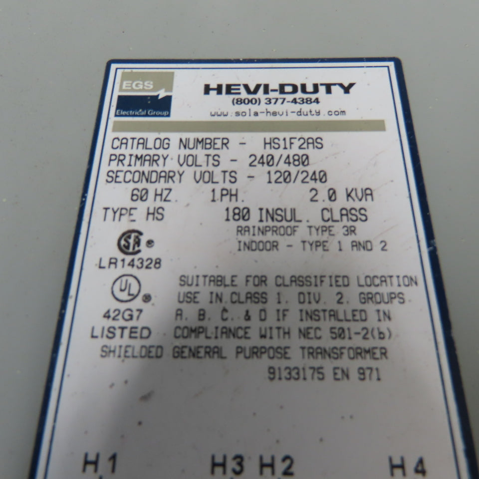 Sola Hevi-Duty HS1F2AS General Purpose Transformer 2KVA 240/480V Pri 120/240VSec