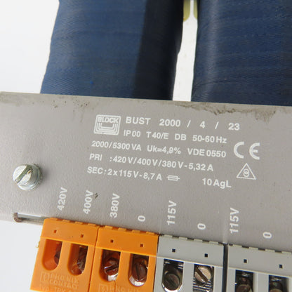 BLOCK BUST 2000 / 4 / 23 2000/5300VA Transformer 420/400/380V Pri 2x 115V Sec
