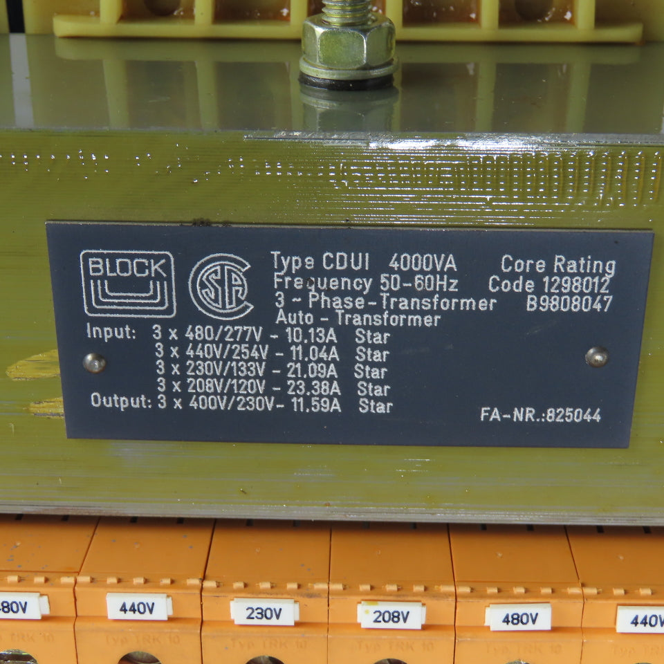 BLOCK CDUI 4000VA 4kVA 3Ph Auto-Transformer 120/480V Pri 230/400V Sec Tested