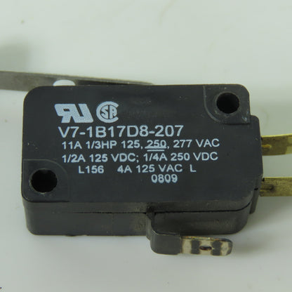 Honeywell V7-1B17D8-207 Roller Lever Micro Switch 11A 277VAC W/ Mounting Plate