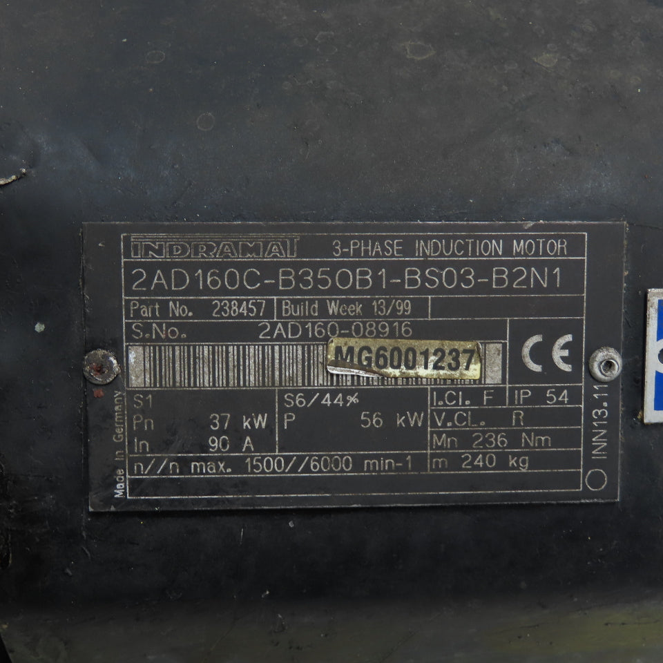Indramat 2AD160C-B350B1-BS03-B2N1 37kW 3-Phase Induction Motor 1500/6000 RPM 90A