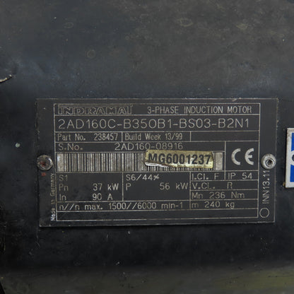 Indramat 2AD160C-B350B1-BS03-B2N1 37kW 3-Phase Induction Motor 1500/6000 RPM 90A