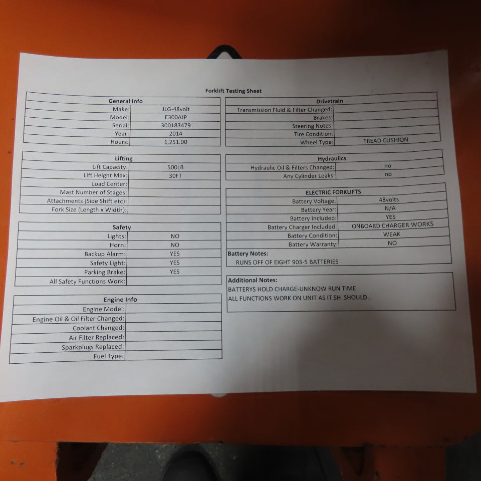 JLG E300AJP Electric Articulating Boom Lift 48V 30ft Reach 500lb 1251Hrs