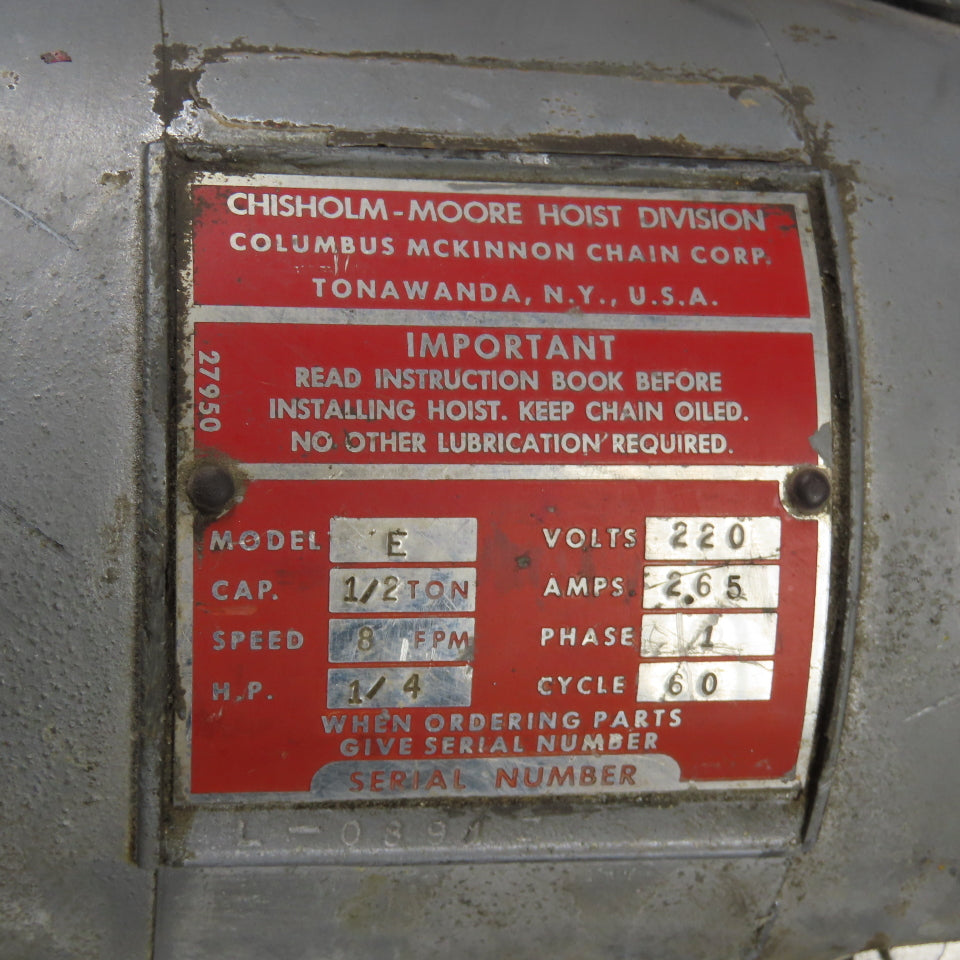 CM Lodestar Model E 1/2 Ton Electric Chain Hoist 220V 1Ph 8 FPM 10' Lift