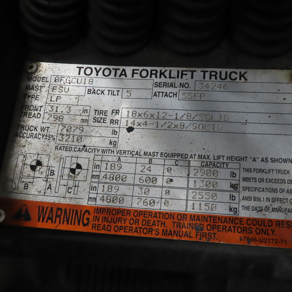 Toyota 8FGCU18 2900Lbs LP Gas Forklift 189" Lift Side Shift Fork Positioner