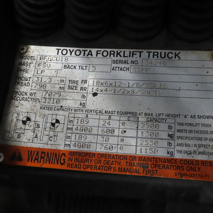 Toyota 8FGCU18 2900Lbs LP Gas Forklift 189" Lift Side Shift Fork Positioner