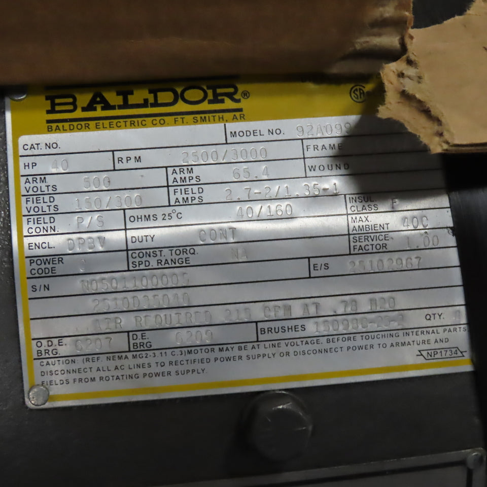 Baldor 92A099 40HP Electric Motor 500V 2500/3000RPM DPBV New