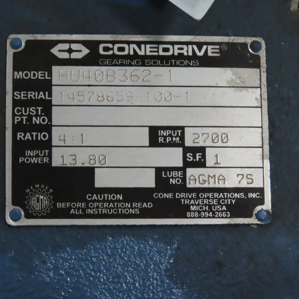Cone Drive HU40B362-1 4:1 Gear Box Speed Reducer 13.80 Input HP 2700 RPM