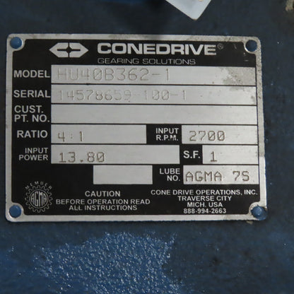Cone Drive HU40B362-1 4:1 Gear Box Speed Reducer 13.80 Input HP 2700 RPM