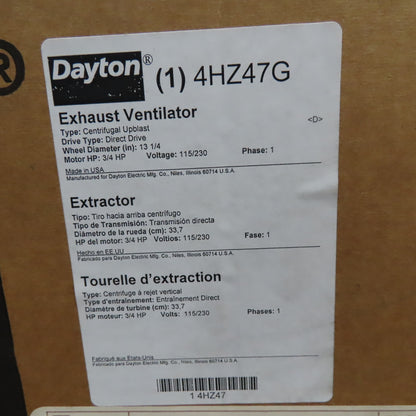 Dayton 4HZ47G 3/4HP Centrifugal Upblast Exhaust Ventilator 115/230V 1Ph