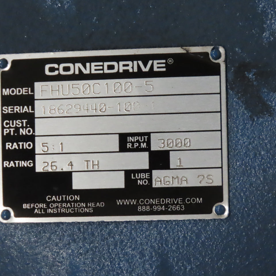 Cone Drive FHU50C100-5 5:1 Gear Box Speed Reducer 26.4 TH Rating 3000 Input RPM