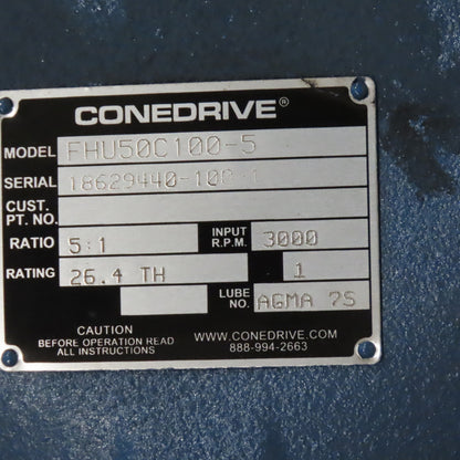 Cone Drive FHU50C100-5 5:1 Gear Box Speed Reducer 26.4 TH Rating 3000 Input RPM