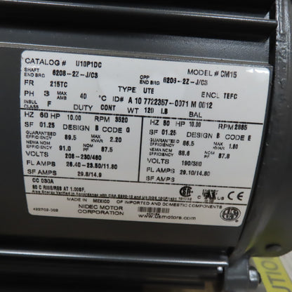 U.S. Motors U10P1DC 10HP Electric Motor 208-230/460V 3Ph 3520RPM 215TC Frame