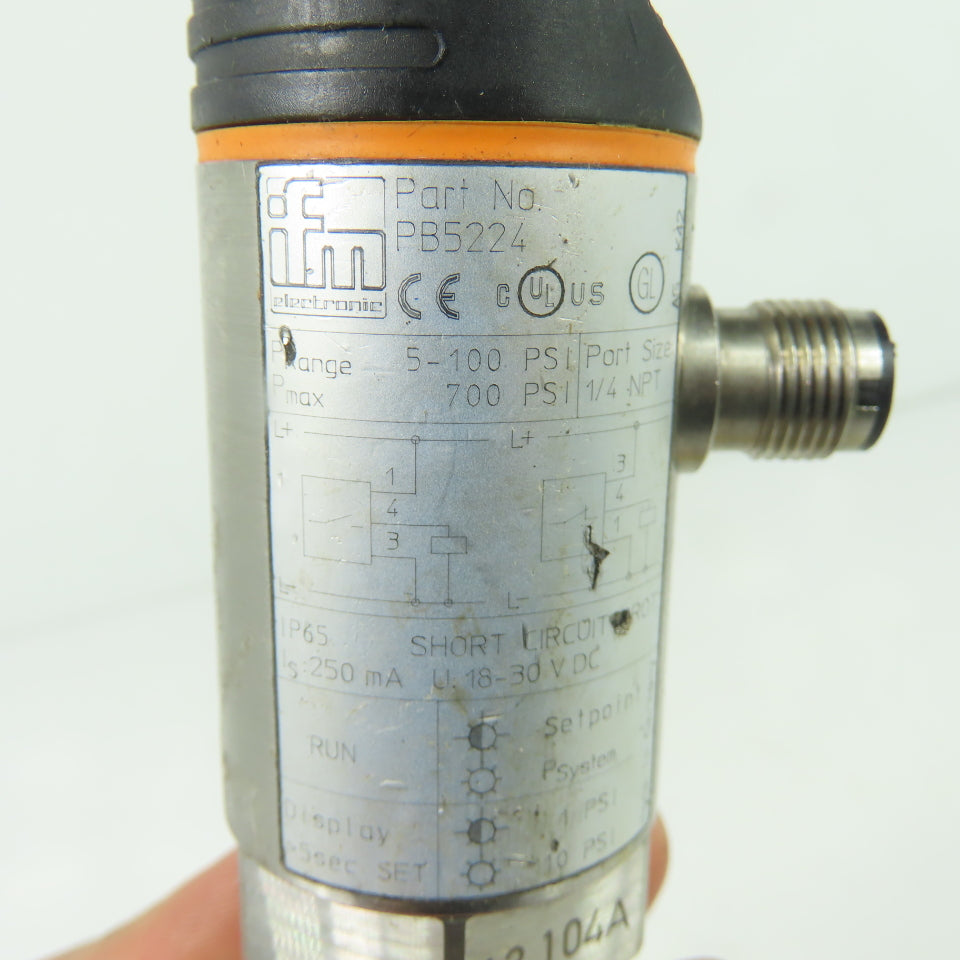 IFM PB5224 Electronic Pressure Sensor 5-100 PSI 1/4 NPT 18-30VDC