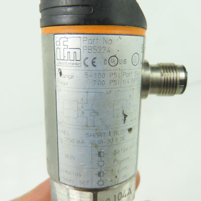 IFM PB5224 Electronic Pressure Sensor 5-100 PSI 1/4 NPT 18-30VDC