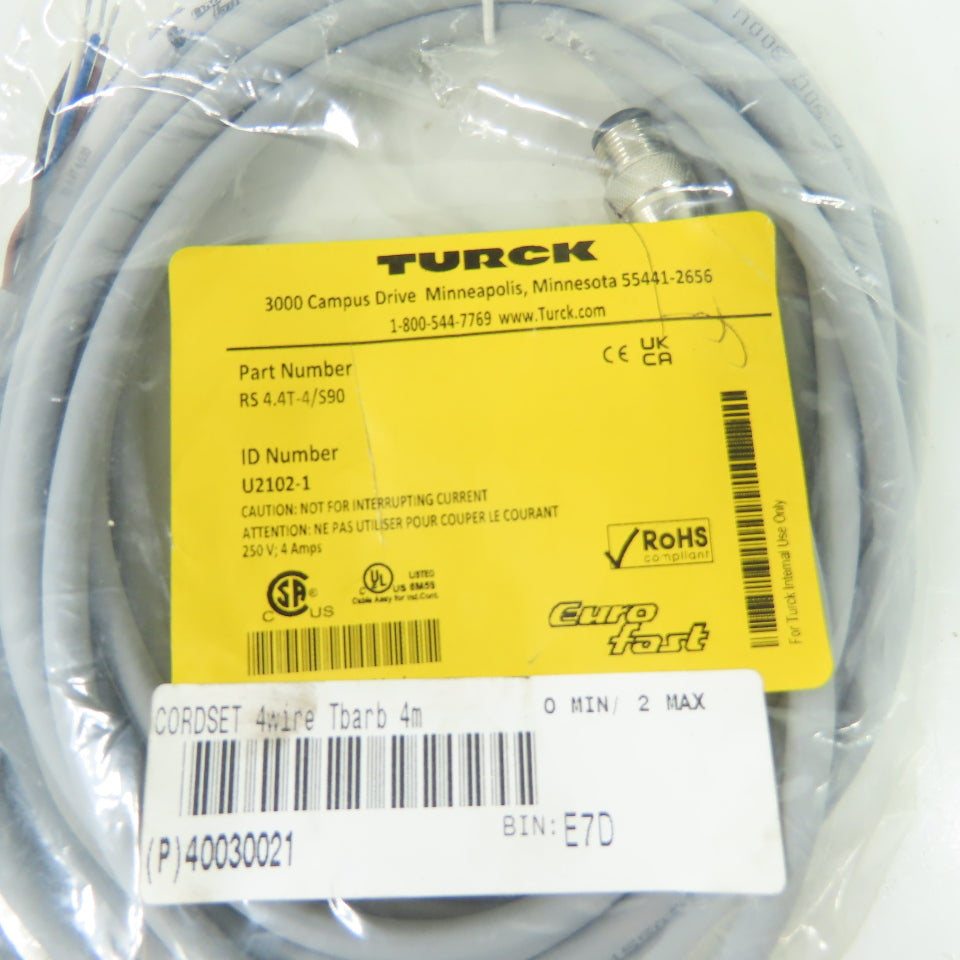Turck RS 4.4T-4/S90 4-Wire Eurofast Cordset Cable 4m 250V 4A U2102-1 NEW