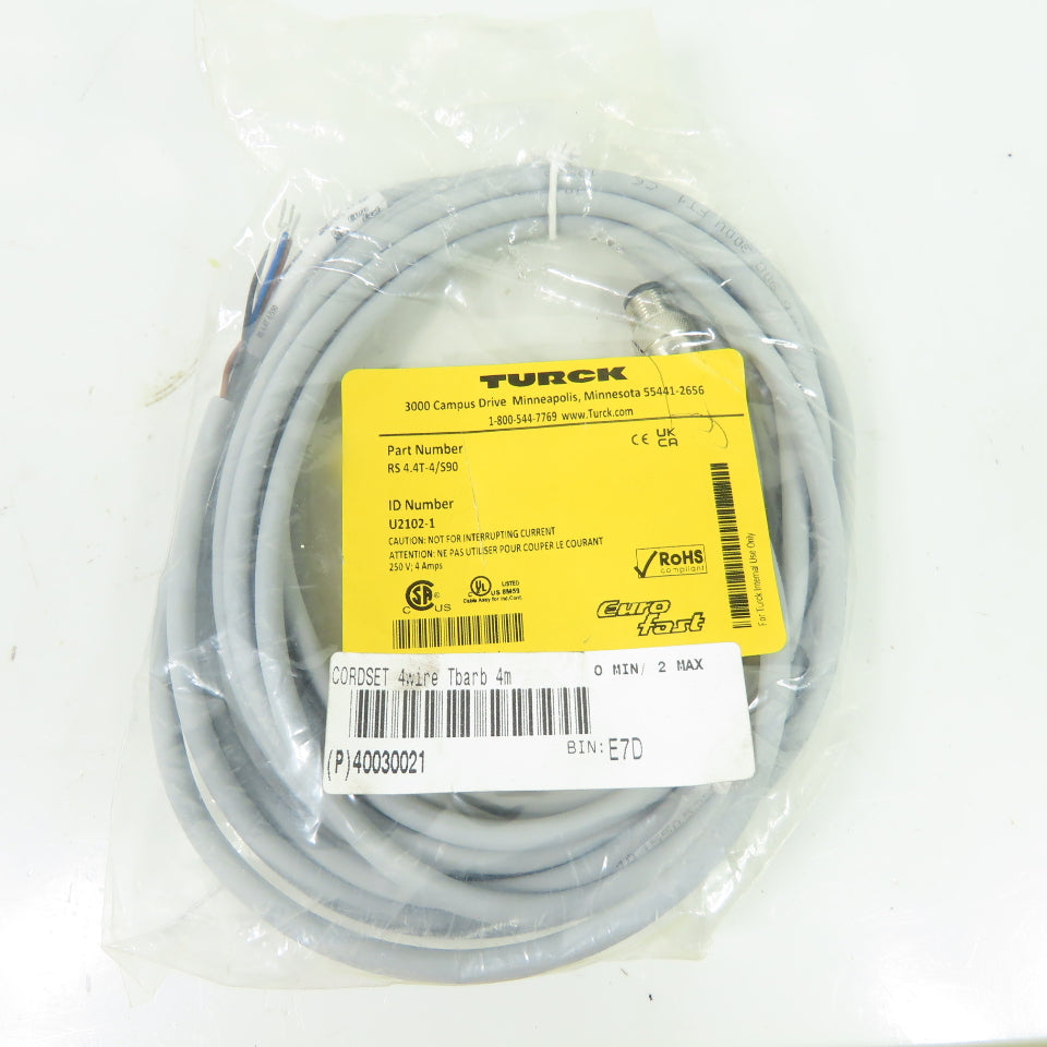 Turck RS 4.4T-4/S90 4-Wire Eurofast Cordset Cable 4m 250V 4A U2102-1 NEW