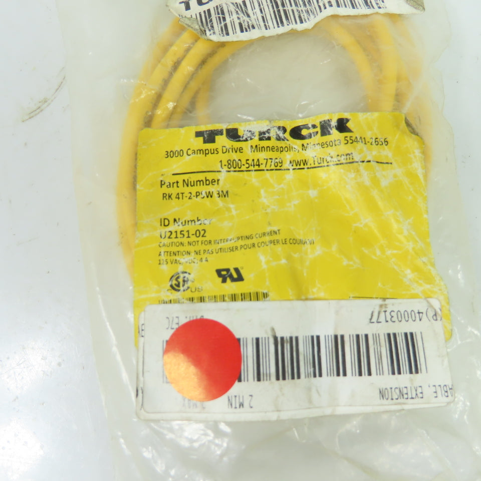 Turck U2151-02 RK 4T-2-RSW 3M 4-Pin M12 Extension Cable Cordset 3M