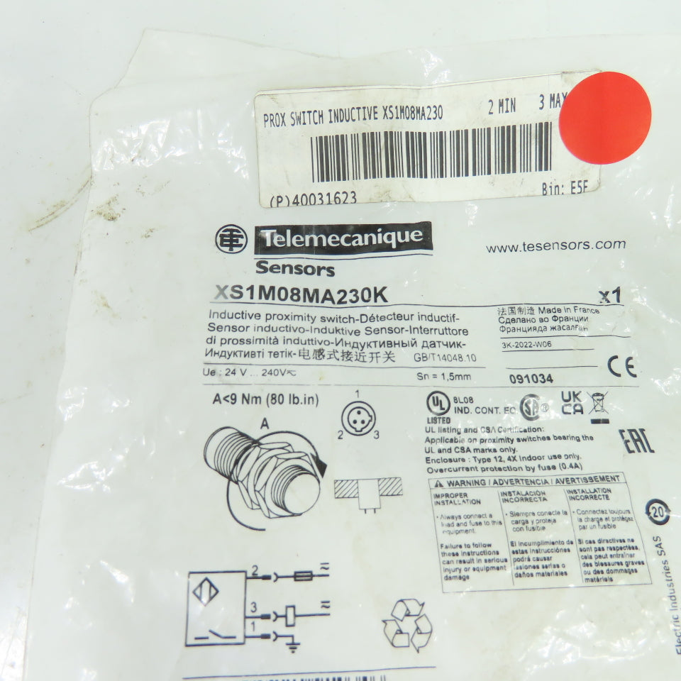 Telemecanique XS1M08MA230K Inductive Proximity Sensor 24-240V AC/DC M8 Sn 1.5mm