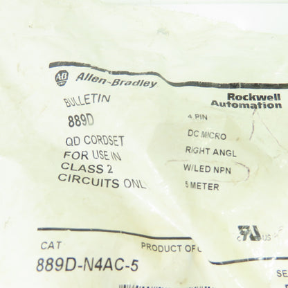 Allen-Bradley 889D-N4AC-5 4-Pin DC Micro Right Angle QD Cordset 5M NPN LED NEW