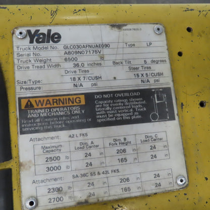 Yale GLC030AFNUAE090 3000Lbs LP Gas Forklift 206" Lift 3 Stage Needs Work
