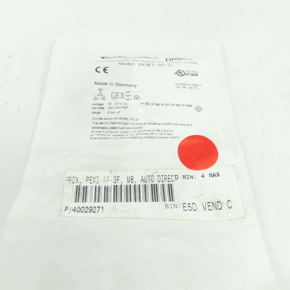 Automation Direct PEW2-AP-3F Proximity Sensor M8 10-30VDC 100mA PNP 3mm Range