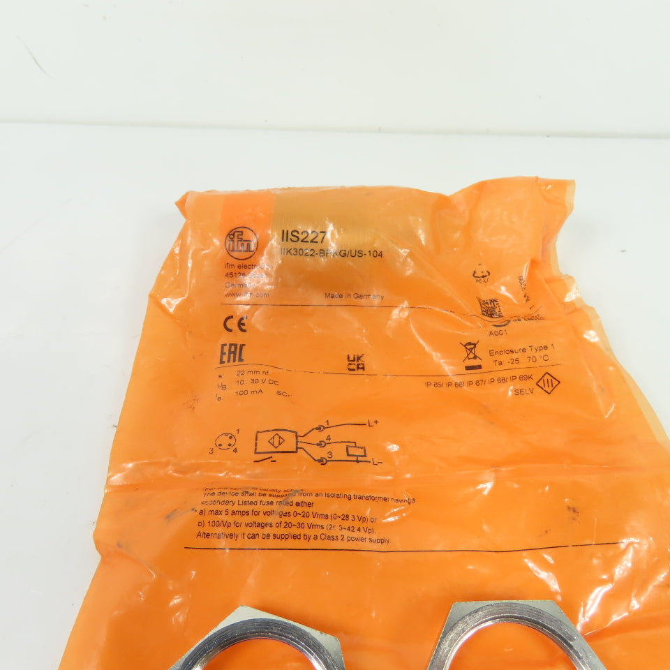 IFM IIS227 Inductive Proximity Sensor 10-30VDC 100mA 22mm