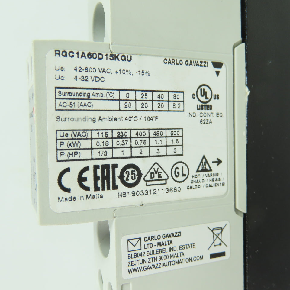 Carlo Gavazzi RGC1A60D15KGU Solid State Relay 600V 20A 4-32VDC NEW