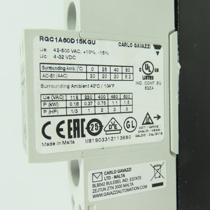 Carlo Gavazzi RGC1A60D15KGU Solid State Relay 600V 20A 4-32VDC NEW