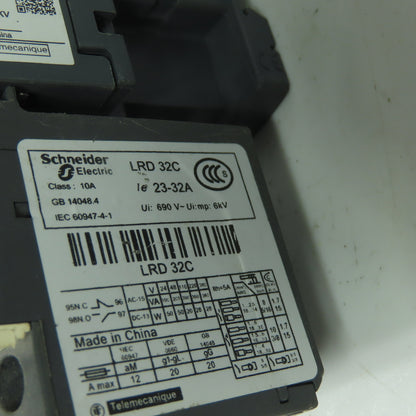 Schneider LC1D18 600VAC Contactor 18A 220V Coil W/ LRD32C Overload 23-32A