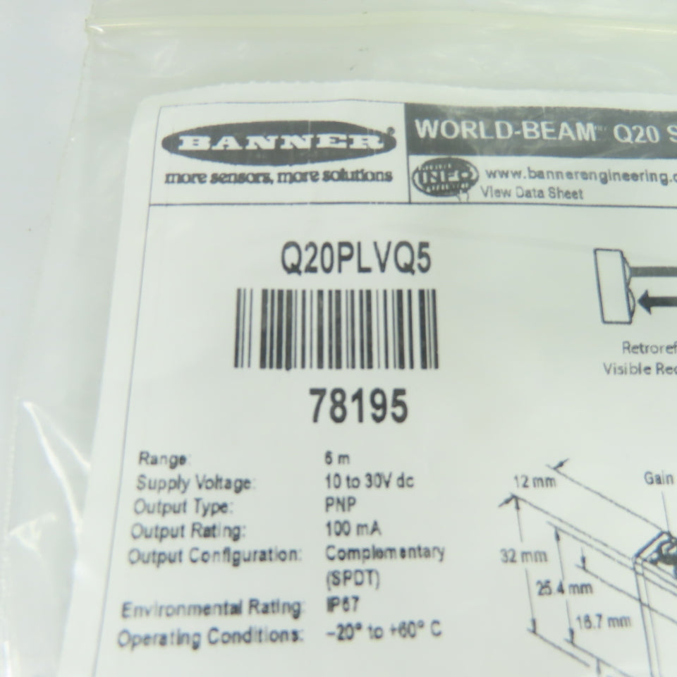 Banner Q20PLVQ5 World-Beam Retroreflective Photoelectric Sensor 10-30VDC