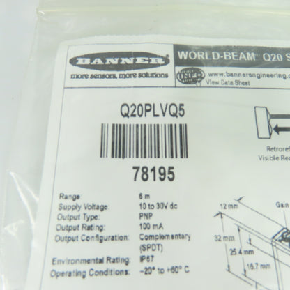 Banner Q20PLVQ5 World-Beam Retroreflective Photoelectric Sensor 10-30VDC
