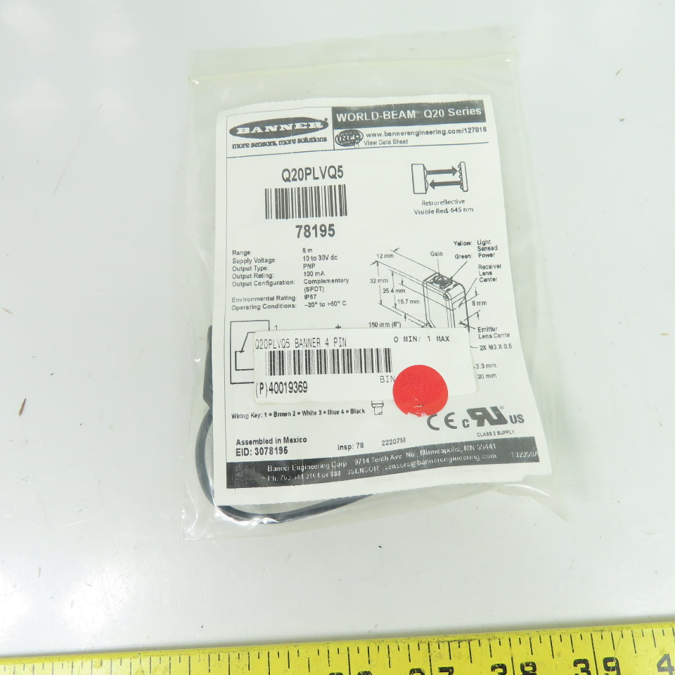 Banner Q20PLVQ5 World-Beam Retroreflective Photoelectric Sensor 10-30VDC