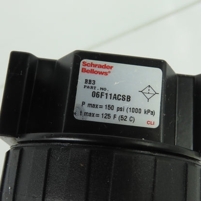 Schrader Bellows 06F11ACSB Air Line Filter 150 psi 125 F Max Polycarbonate Bowl