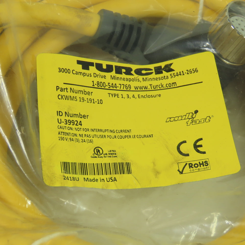 Turck CKWMS 19-191-10 Multifast Cable 19-Pin M23 Female Right-Angle 10m U-39924