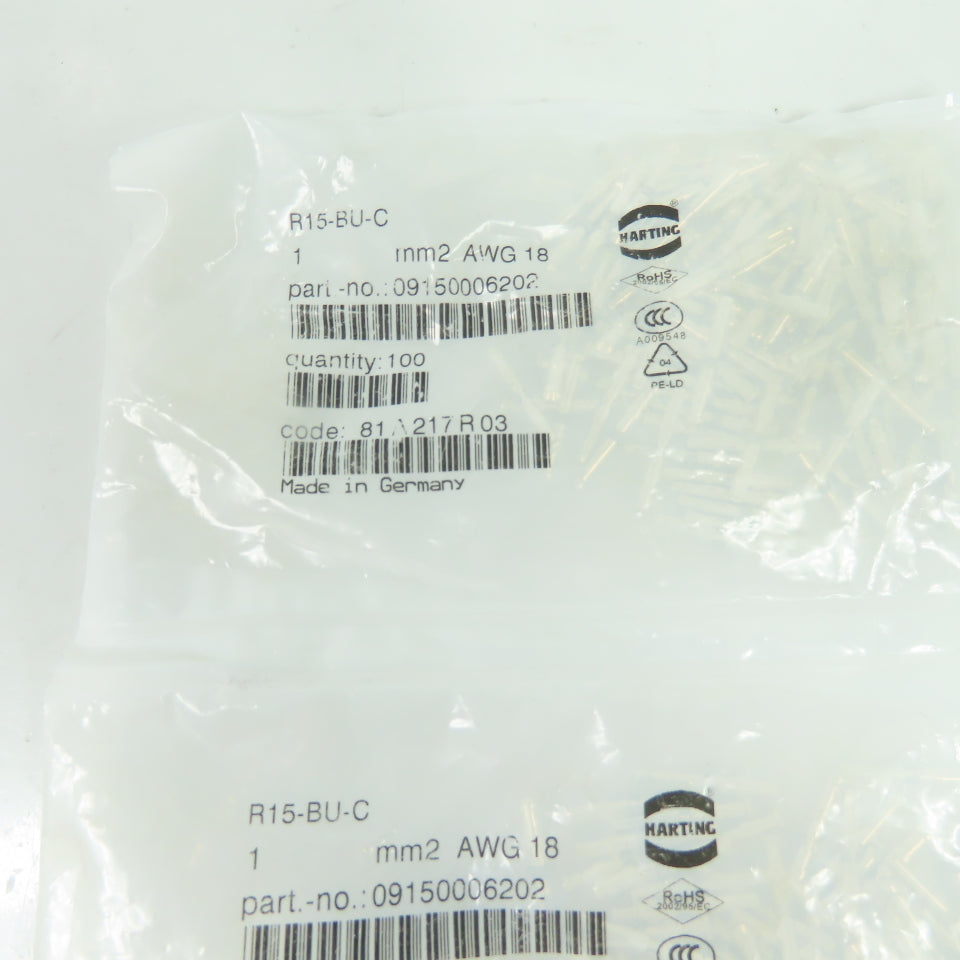 Harting 09150006202 Han R15 Female Crimp Contacts 18 AWG 1mm2 Lot of 200