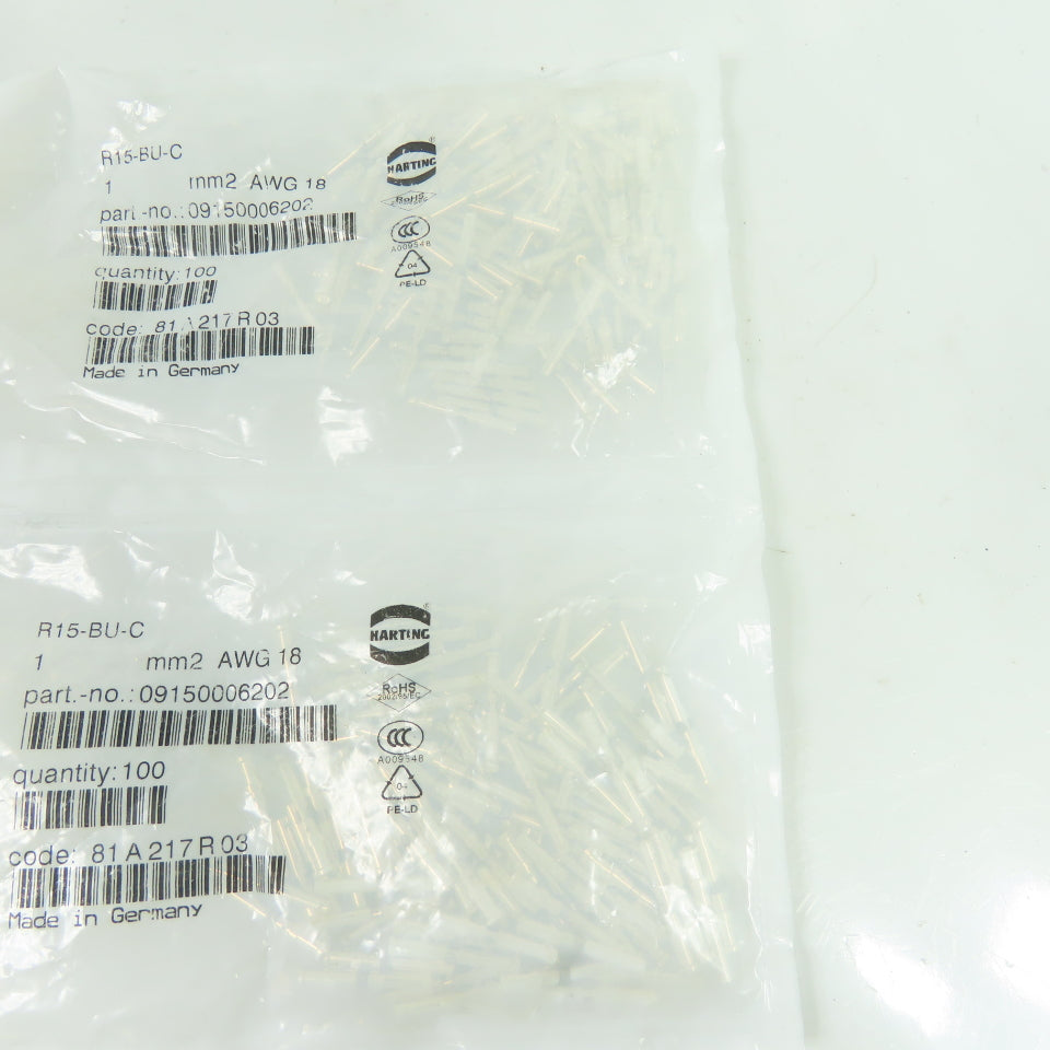 Harting 09150006202 Han R15 Female Crimp Contacts 18 AWG 1mm2 Lot of 200