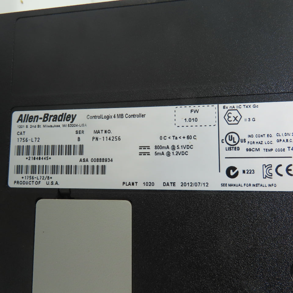 Allen-Bradley 1756-L72 ControlLogix 4 MB Controller Logix5572 Ser B FW 1.010