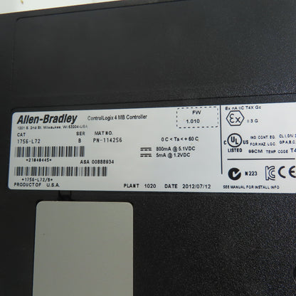 Allen-Bradley 1756-L72 ControlLogix 4 MB Controller Logix5572 Ser B FW 1.010