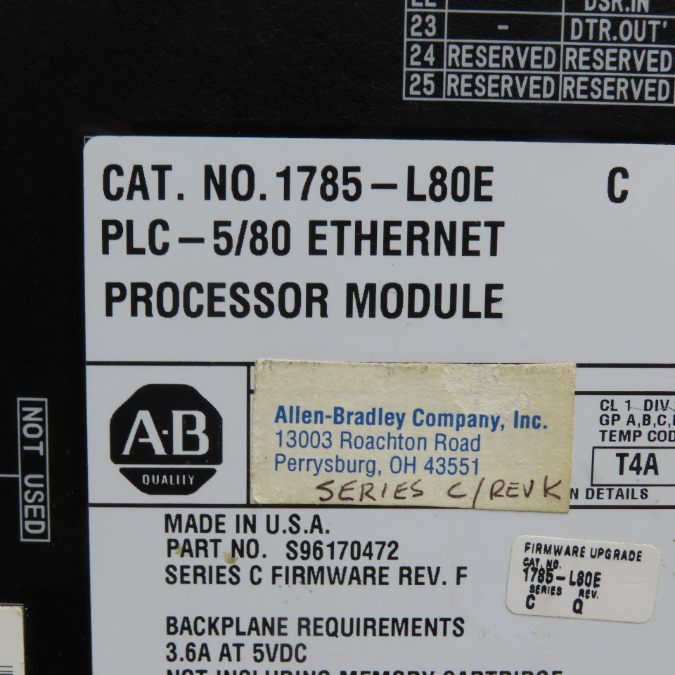 Allen-Bradley 1785-L80E PLC-5/80 Ethernet Processor Module Series C Rev K